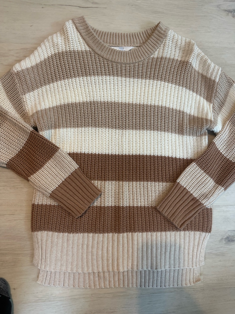 Time and Tru Cream and Brown Striped Crewneck Sweater